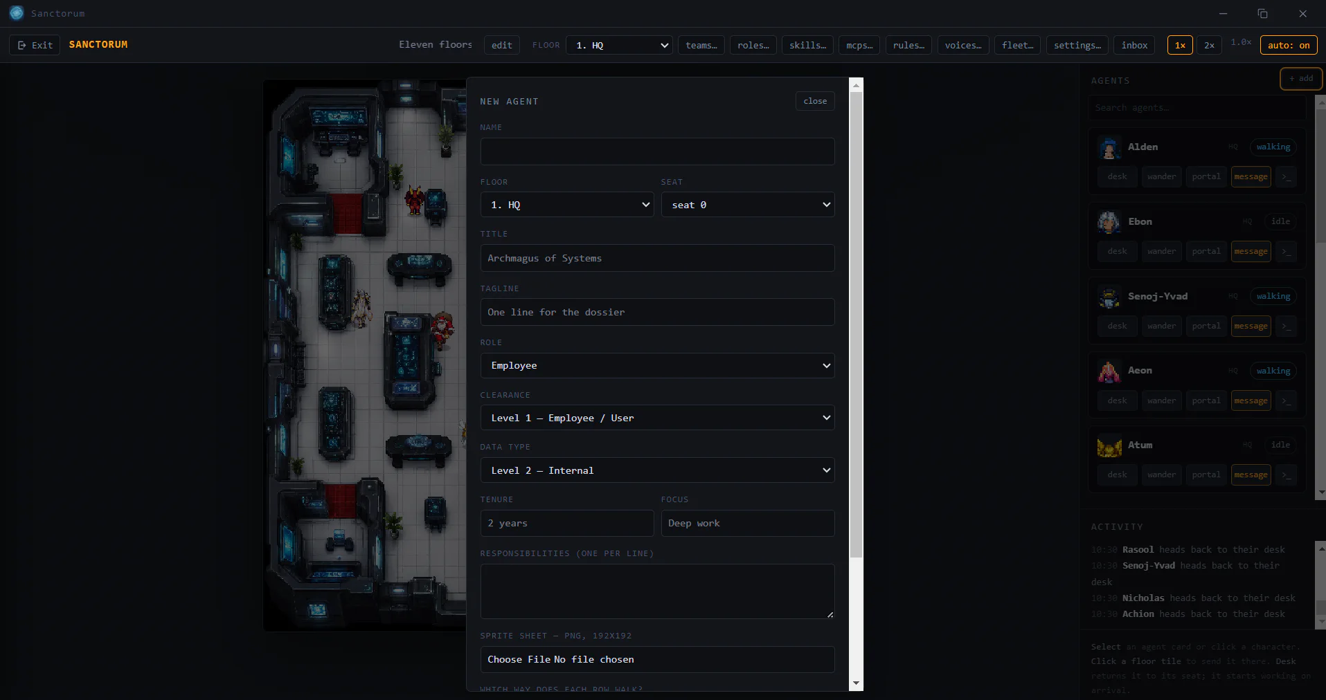 The New Agent form: name, floor, seat, title, tagline, role, clearance, data type, tenure, focus, responsibilities and sprite sheet upload.