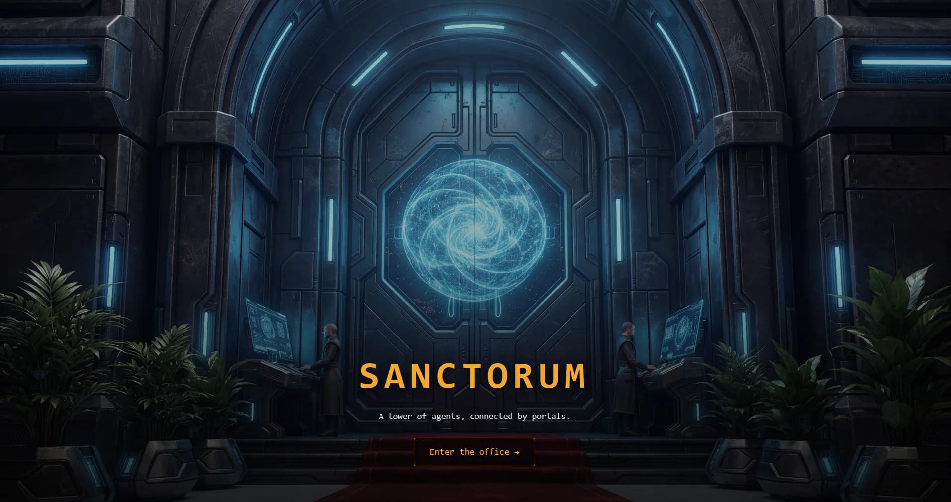 The app’s launch screen: the Sanctorum portal door with an “Enter the office” button.