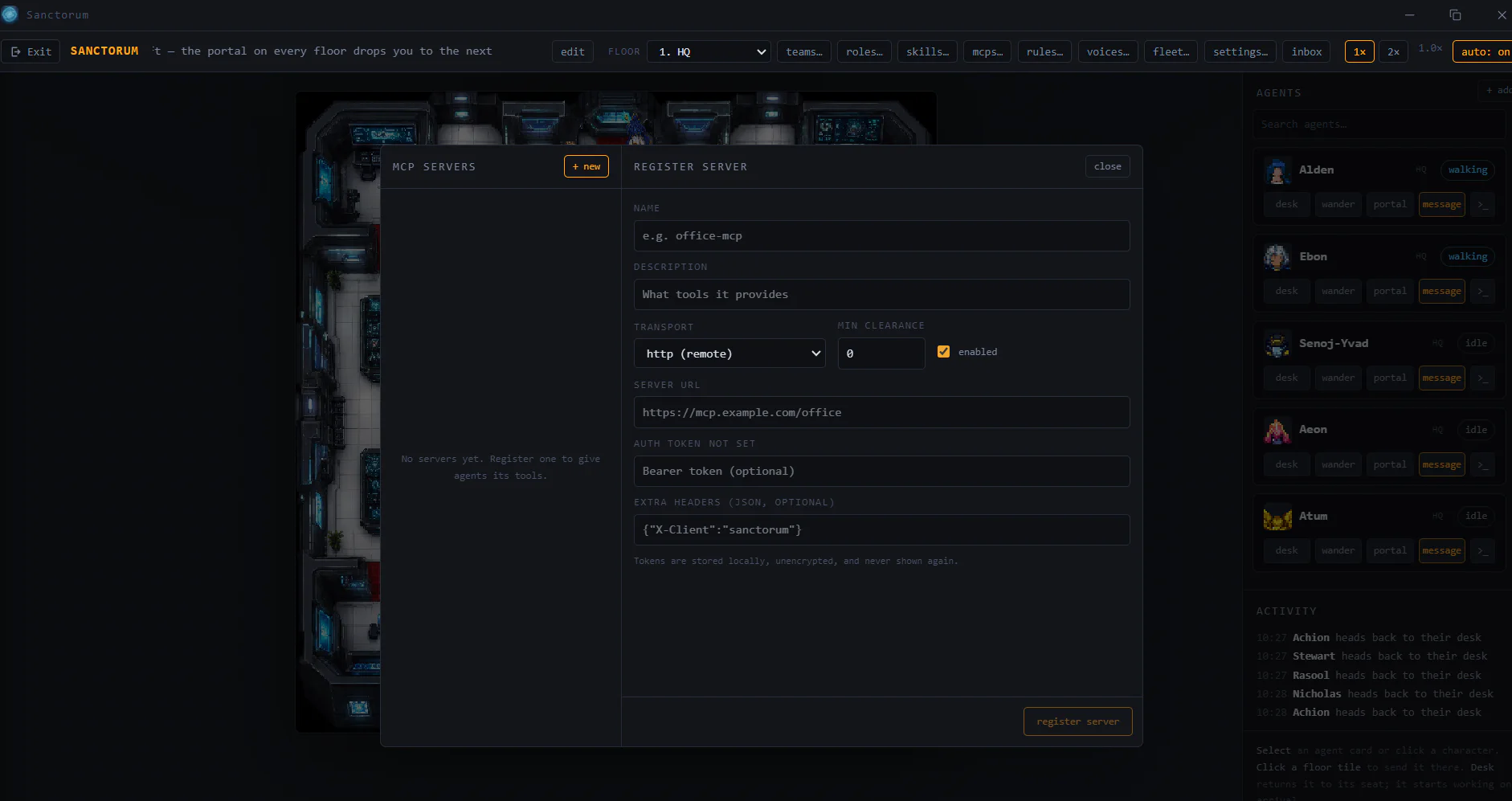 The MCP Servers panel: registering a server with a transport, minimum clearance, server URL and auth token.