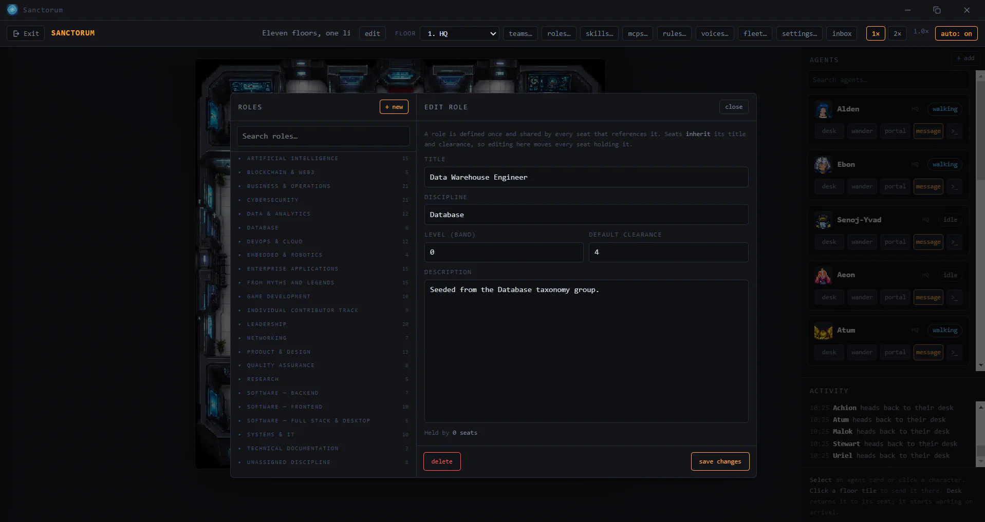 The Roles panel: disciplines listed on the left, and a role being edited with its title, discipline, level and default clearance.