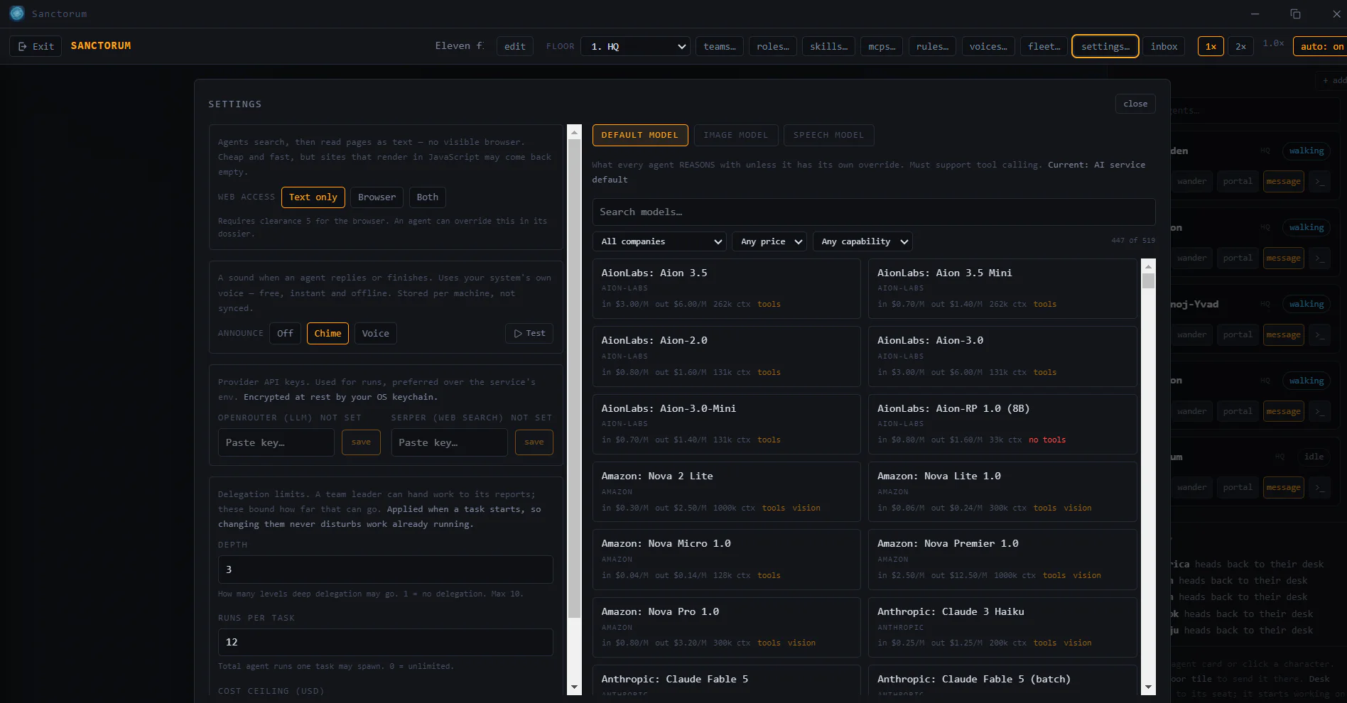 The Settings panel: web access, announcements, provider keys and delegation limits on the left; the model catalogue with tool and vision badges on the right.