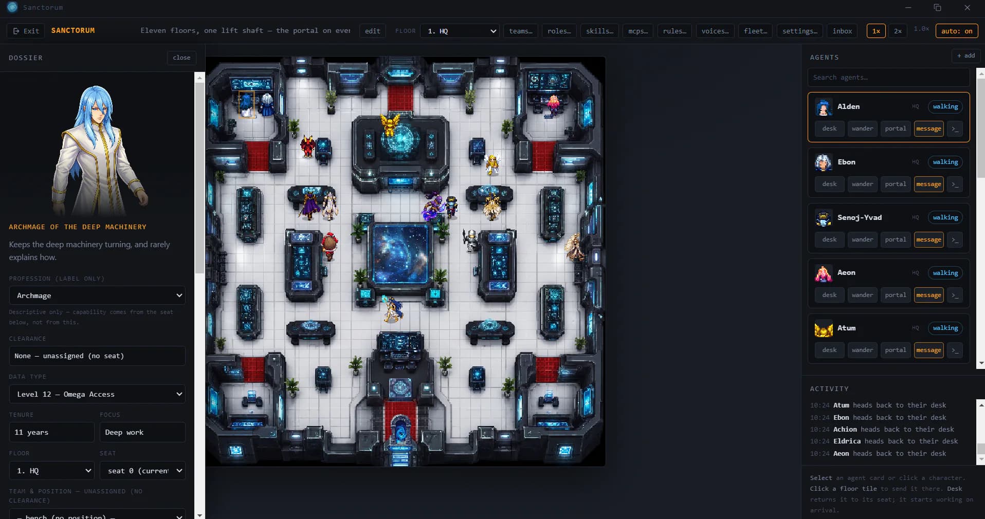 The Sanctorum desktop app: an agent dossier on the left, the HQ floor with walking characters in the middle, and the agent roster and activity feed on the right.