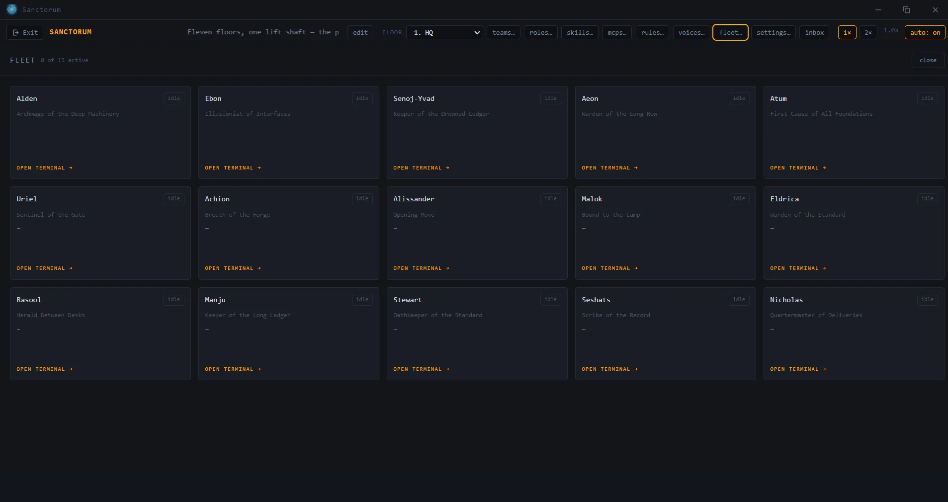 The Fleet panel: all fifteen agents as tiles, each with its status and an “open terminal” link.