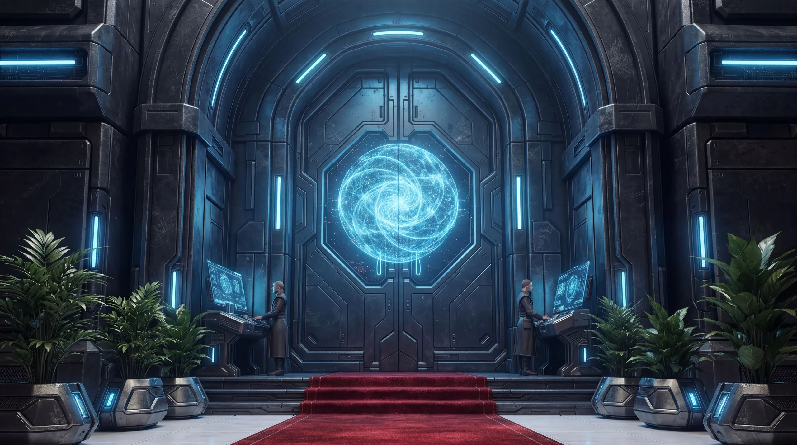 The Sanctorum entrance: a steel portal door with a glowing orb, flanked by two attendants at consoles and a red carpet leading up the steps.